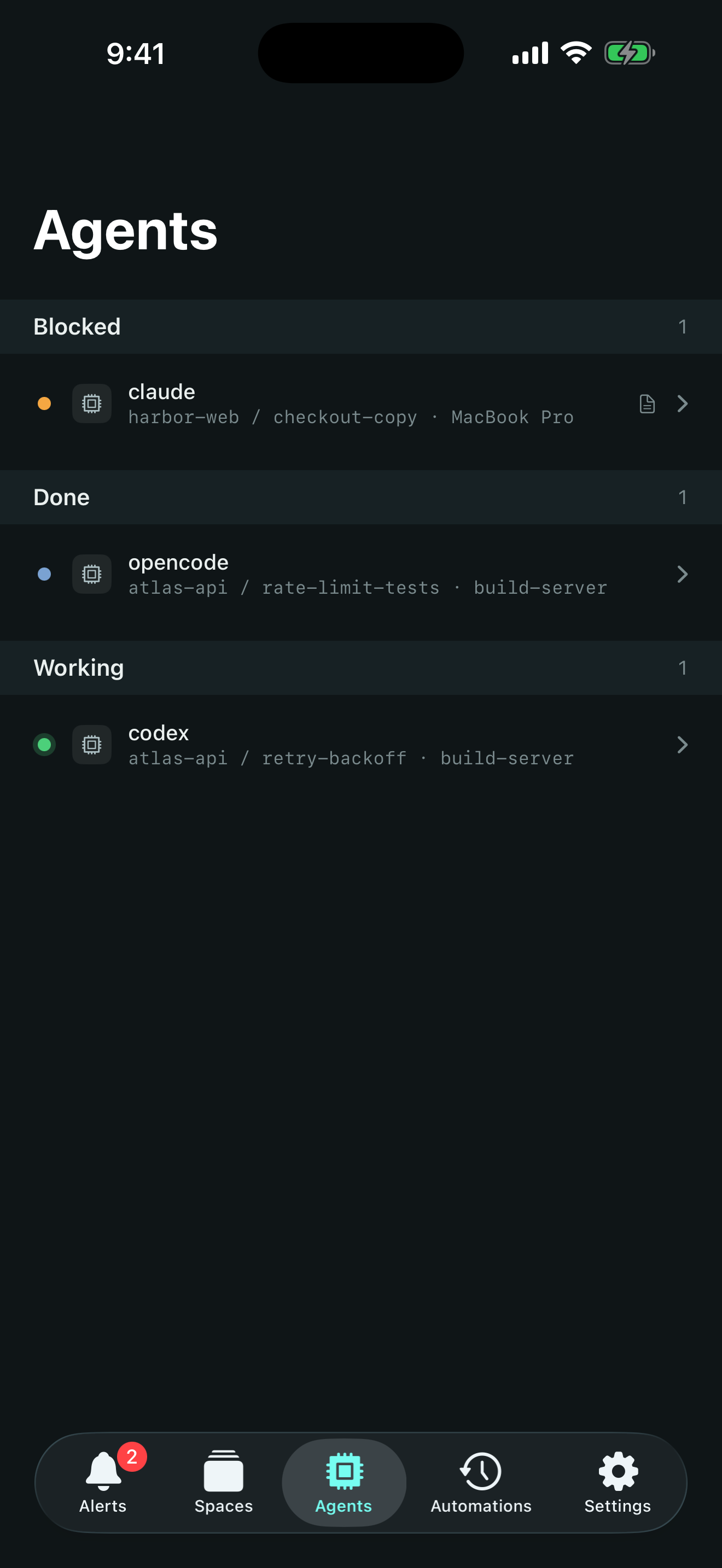 The Agents tab on iPhone with Claude Code under Blocked on a MacBook Pro, opencode under Done, and Codex under Working, both on build-server.
