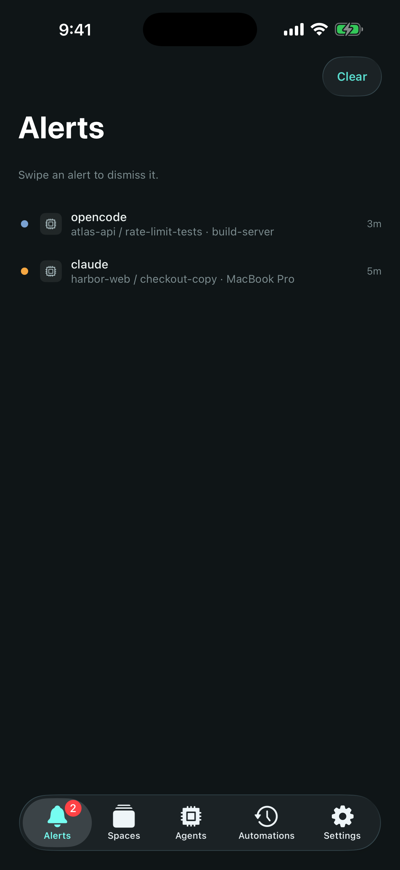 The Alerts tab on iPhone listing opencode on build-server and Claude Code on a MacBook Pro, with a badge count of 2.