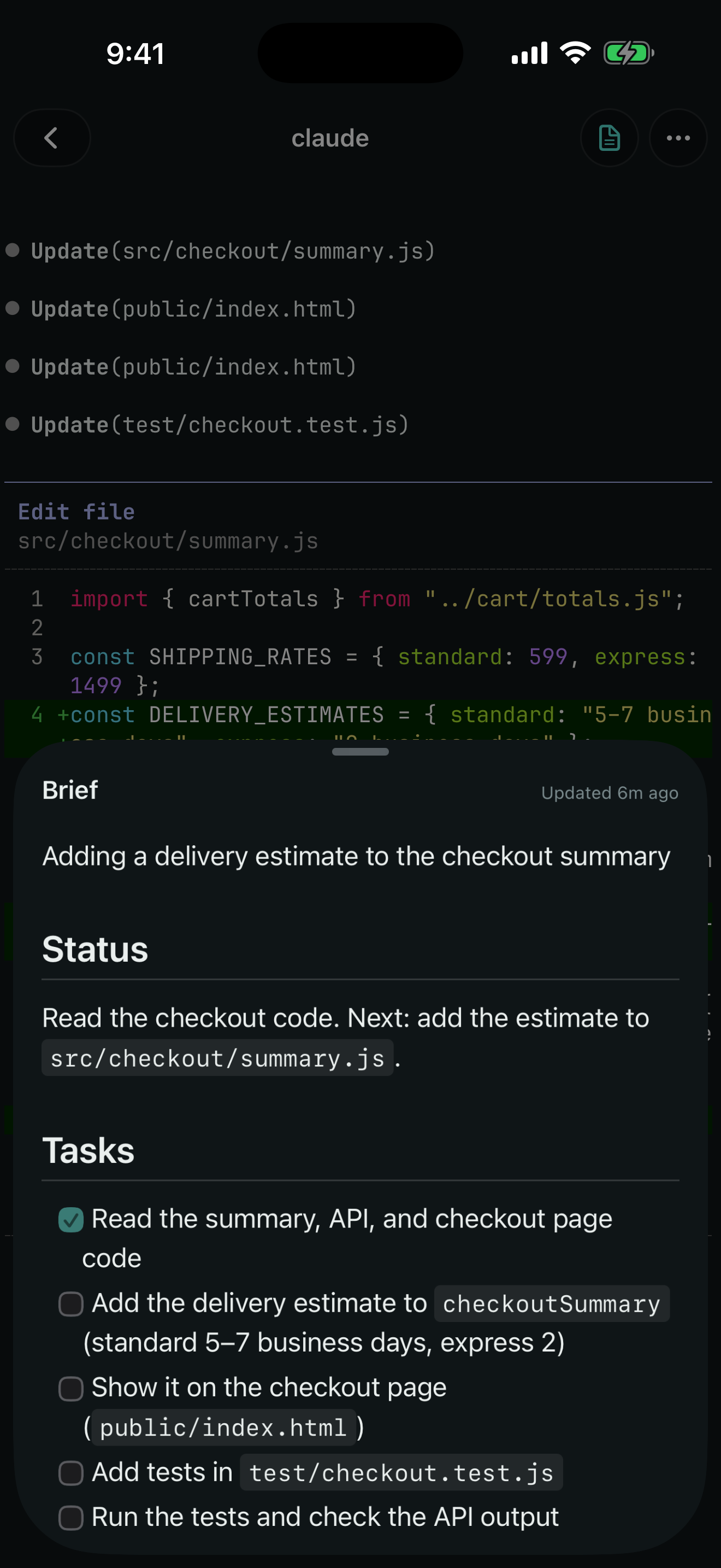 Claude Code's brief in a sheet over its terminal on iPhone: a headline about adding a delivery estimate, a Status line, and a Tasks checklist with the first item checked.