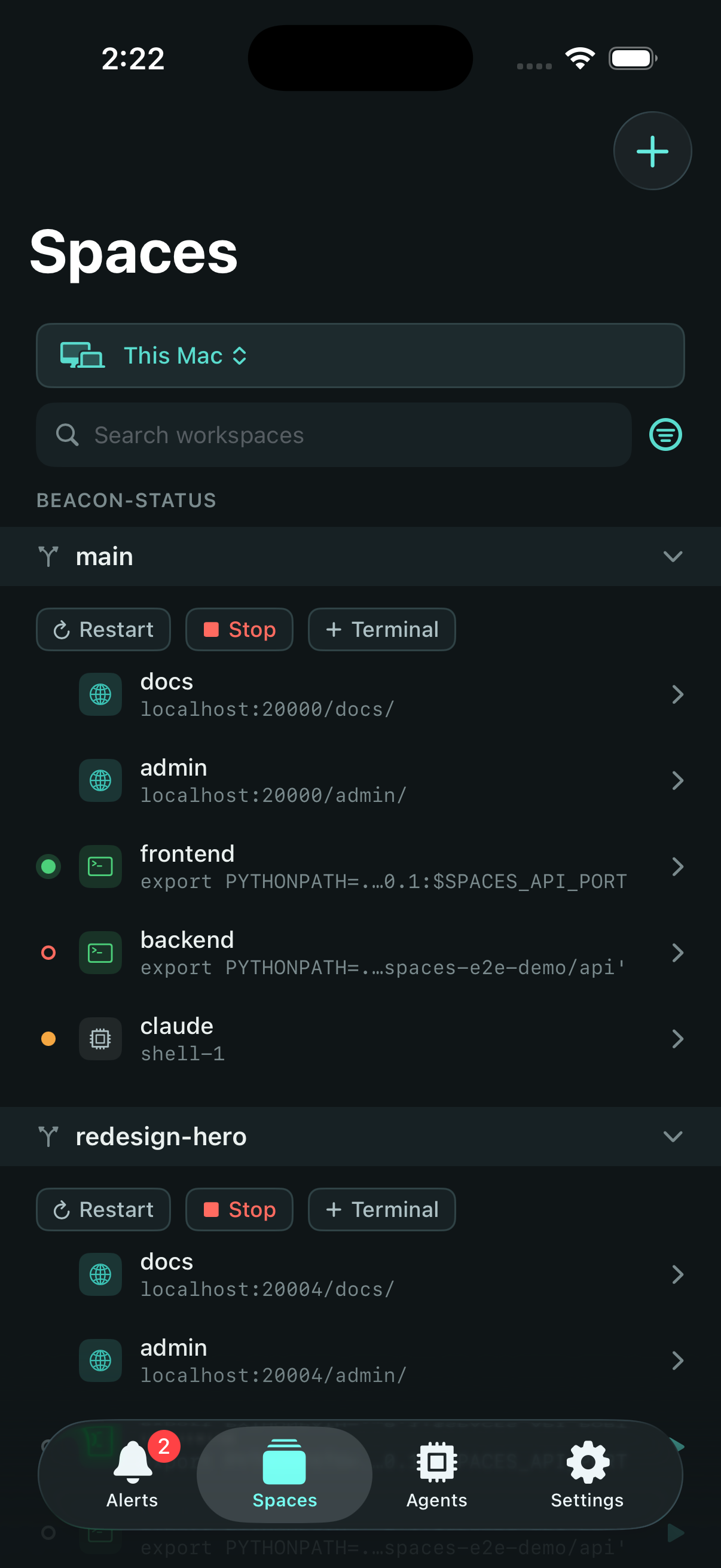 The Spaces iOS app listing live sessions per workspace — browser tabs, terminals, and a running agent — with restart, stop, and new-terminal controls