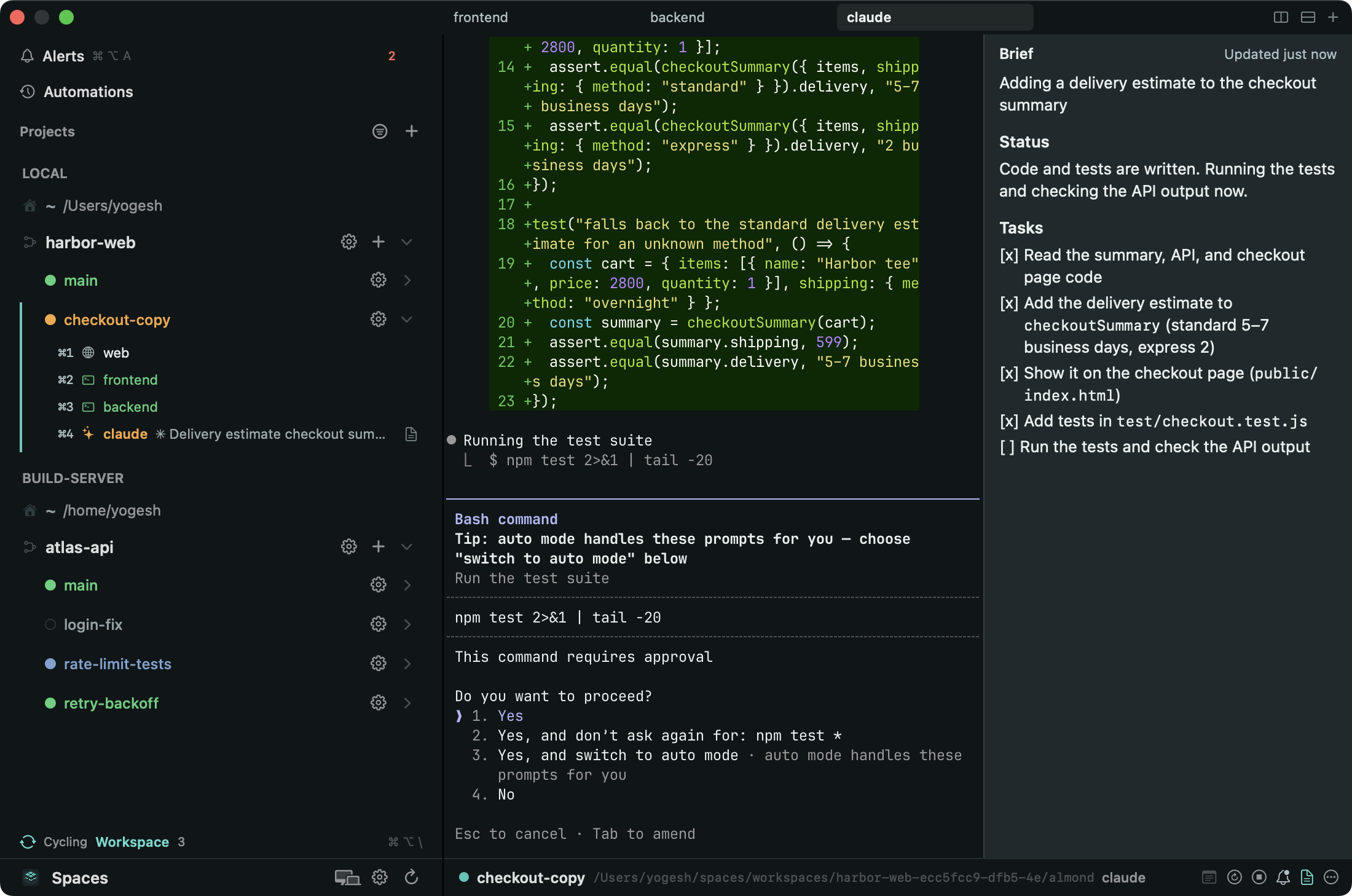 The Mac app with Claude Code's terminal waiting on a permission prompt to run npm test, and its brief beside it with a status line and four of five tasks checked.