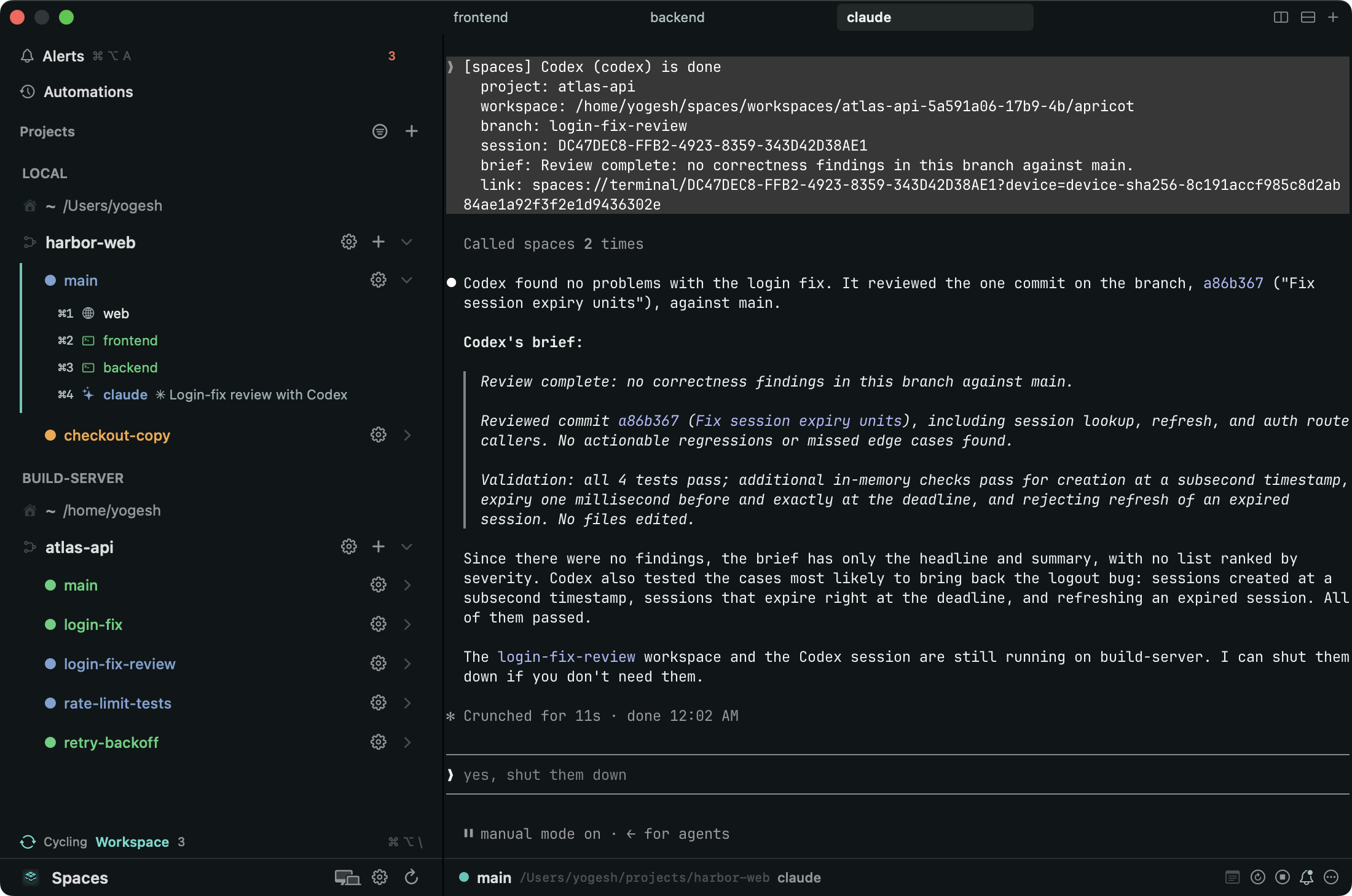 Claude Code's terminal on the Mac showing a [spaces] Codex (codex) is done block for the login-fix-review workspace on build-server, followed by Claude Code quoting Codex's brief.